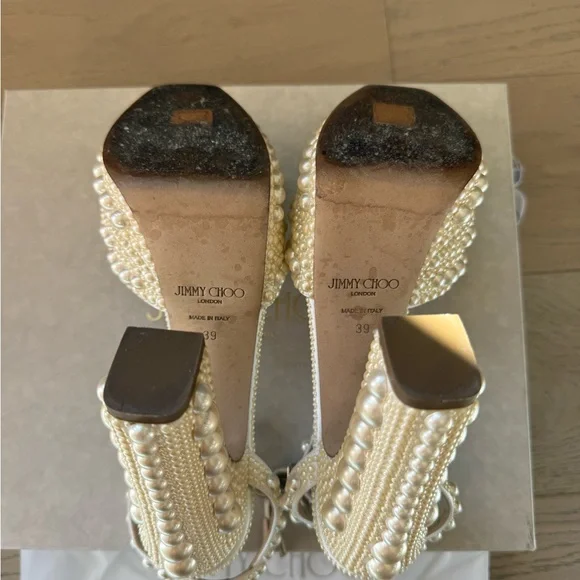 JIMMY CHOO White Satin Pearl Bridal SACARIA 120 Platform Heels 39/8, In Box, A++ - Picture 12 of 16